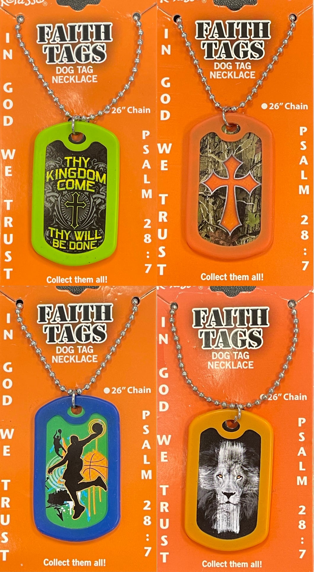 Faith Dog Tag Camo Cross, Thy Kingdom Come, Lion Cross, Hoops (set of 4)