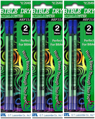 Bible Dry Highlighter 6 Refills GTL Green (3 packs of 2) Vibrant Color