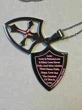 Necklace (G2SC) Love Shield Pink/Silver Stainless Steel Cross Chain 1 Cor 13:4-8