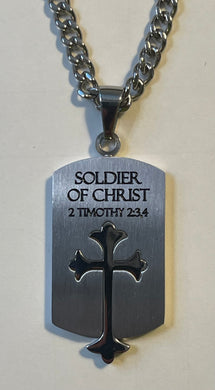 Necklace (916 M Soldier) Men's Old English Shield Cross 2 Tim 2:3,4