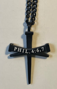 Necklace (TH GUARD 24) Men's Black Three Nail Cross Guarded in Christ Phil 4:6,7