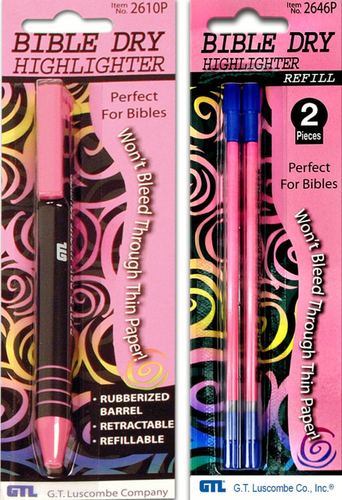 Bible Dry Highlighter Pen + 2 Refills GTL Pink Comfort Grip Vibrant Color