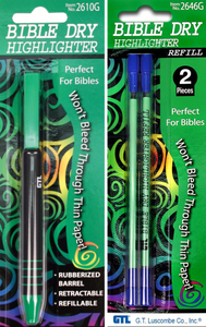 Bible Dry Highlighter Pen + 2 Refills GTL Green Comfort Grip Vibrant Color