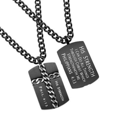 Necklace (BLK CH C CSM 24) Men's Black Stainless Steel Chain Cross Necklace Phil 4:13
