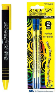 Bible Dry Highlighter Pen + 2 Refills GTL Yellow Comfort Grip Vibrant Color